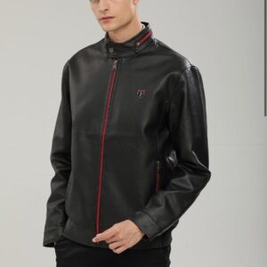 NWT Ferrari F-collections Soft Leather Jacket in black with red accents.